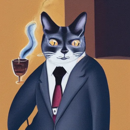 Image similar to an antropomorphic cat wearing a suit smoking a cigar