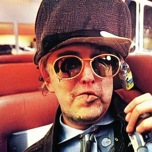 Image similar to gonzo reporter retro photo of drunked elon musk aka bus driver in bus, fear and loathing in las vegas style, by hunter thompson