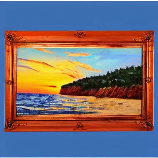 Prompt: sunset over a wooden cabin on the coast in the distance, sea, oil painting, very detailed, colorful