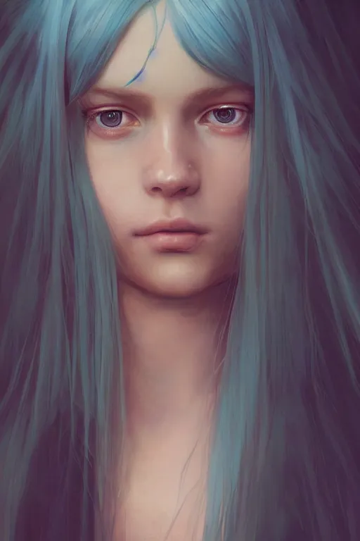 Image similar to a fancy portrait of a beautiful young girl with long blue hair and blue eyes by greg rutkowski, sung choi, mitchell mohrhauser, maciej kuciara, johnson ting, maxim verehin, peter konig, bloodborne, 8 k photorealistic, cinematic lighting, hd, high details, dramatic, dark atmosphere, trending on artstation