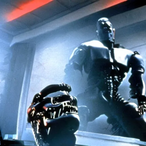 Prompt: cinematic still from terminator 2 : judgement day with the terminator played by rocky iv