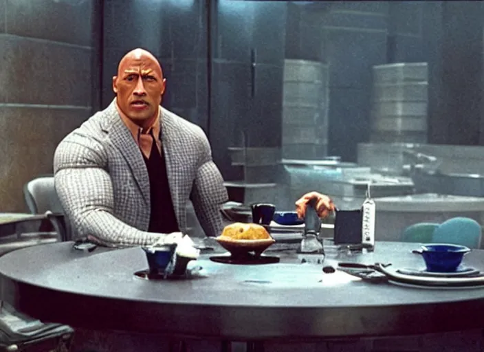 Image similar to film still of Dwayne Johnson as Doctor Evil sitting at the round metal table from Austin Powers