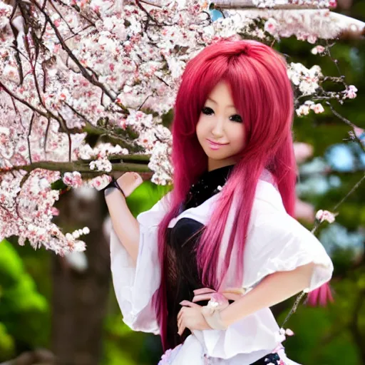 Image similar to Pretty japanese gyaru with Sakura tree blooming on background