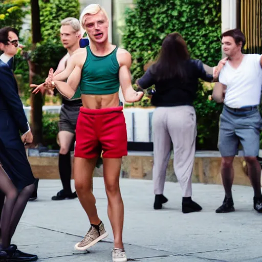 Image similar to A blond androgynous guy in a crop top and shorts dancing with businessmen and lawyers outside starbucks