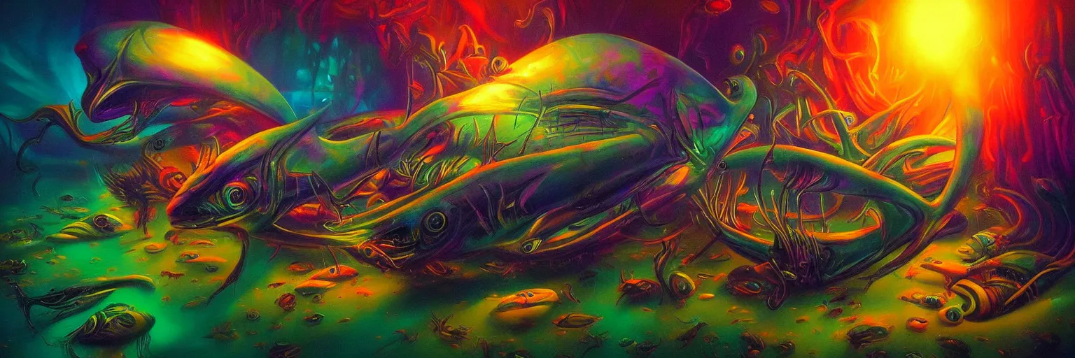 Image similar to strange alien fish creatures from the depths of the collective unconscious, dramatic lighting, surreal darkly colorful painting by ronny khalil