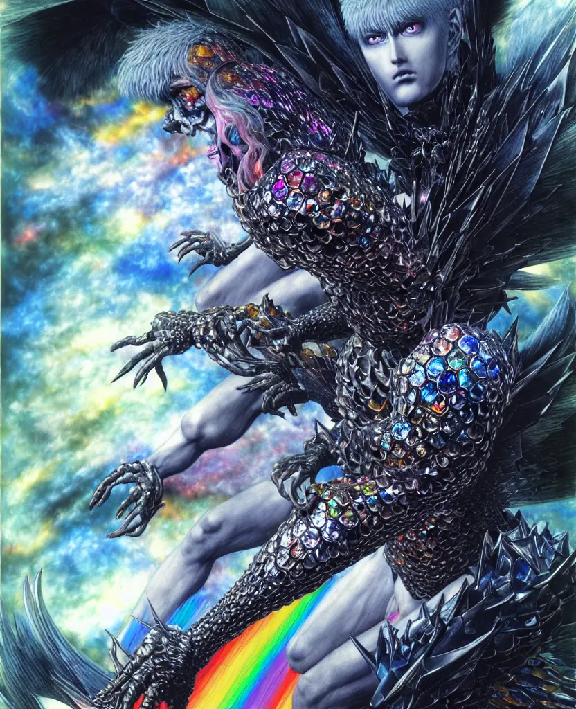 Image similar to realistic detailed image of ultra wrathful rainbow diamond iridescent mega griffith from berserk, depth perception, depth of field, action horror by ayami kojima, neo - gothic, gothic, part by adrian ghenie and gerhard richter. art by yoshitaka amano. masterpiece