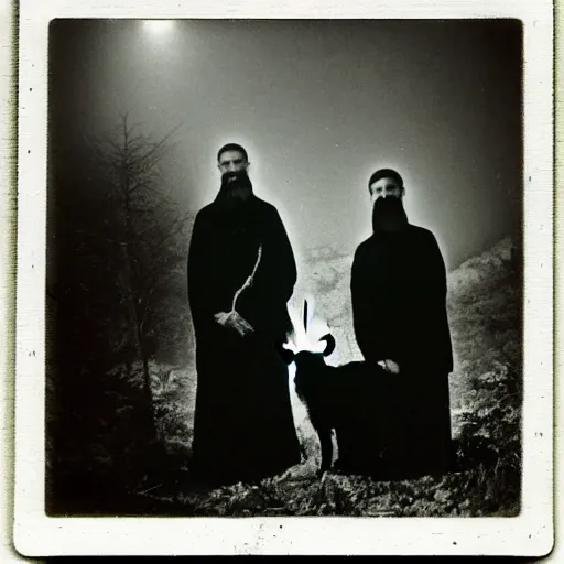 Image similar to trail _ camera _ photo _ of _ a _ breaton monks looking like rasputin with lit candles and a goat performing sacred liturgy!!! _ realistic _ spooky _ grimdark _ night _ black _ and _ white, polaroid