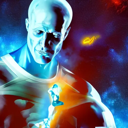 Image similar to a macro portrait of Doctor Manhattan destroying the universe with a snap, hyperdetailed, artstation, 8k,