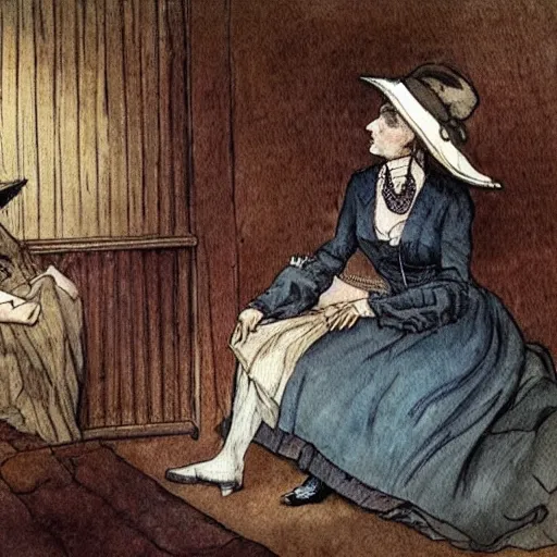 Prompt: a mummy in victorian clothes hat has an intimate conversation with a woman in victorian clothes, watercolor graphic novel style by alan lee and john howe, style of professors daughter