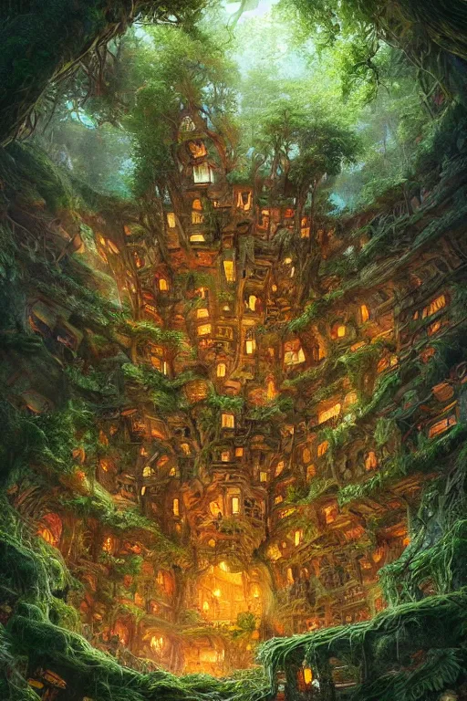 Image similar to a miniature city built into the trunk of a single colossal tree in the forest, with tiny people, in the style of marc simonetti, lit windows, close - up, low angle, wide angle, awe - inspiring, highly detailed digital art