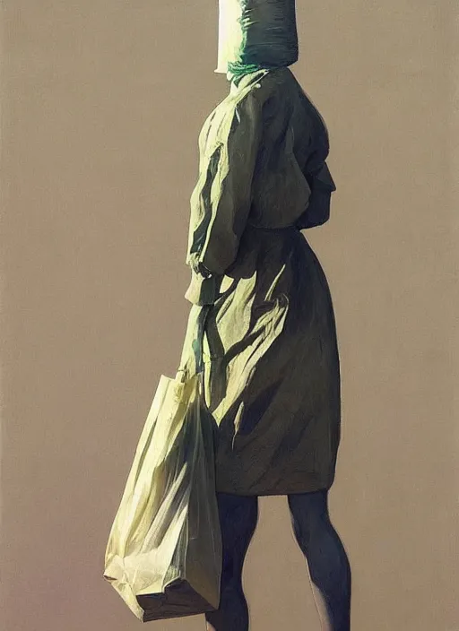 Prompt: woman in a translucent bomber made from plastic bag with paper bags for clothes standing inside paper bags with paper bag over the head at store display Edward Hopper and James Gilleard, Zdzislaw Beksinski, highly detailed