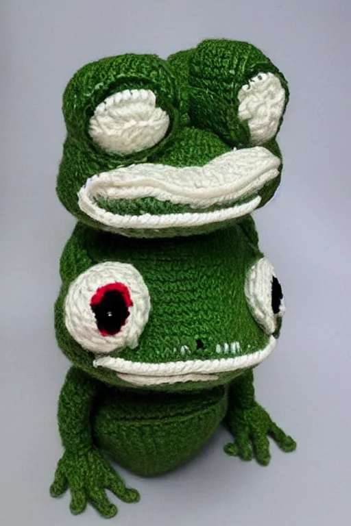Prompt: Pepe the frog knitted from yarn