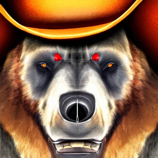 Image similar to portrait of bear beast-man wearing a cowboy hat, digital art, concept art, highly detailed, sharp focus