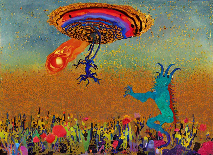 Image similar to expressionistic decollage painting golden armor alien zombie horseman riding on a crystal bone dragon broken rainbow diamond maggot horse in a blossoming meadow full of colorful mushrooms and golden foil toad blobs in a golden sunset, distant forest horizon, painted by Bill Traylor, Helen Frankenthaler, Danny Fox and Hilma af Klint, pixelated, semiabstract, color field painting, byzantine art, voxel art, pop art look, naive, outsider art. Mark Rothko painting, part by Philip Guston and Frank Stella art by Adrian Ghenie, 8k, extreme detail, intricate detail, masterpiece