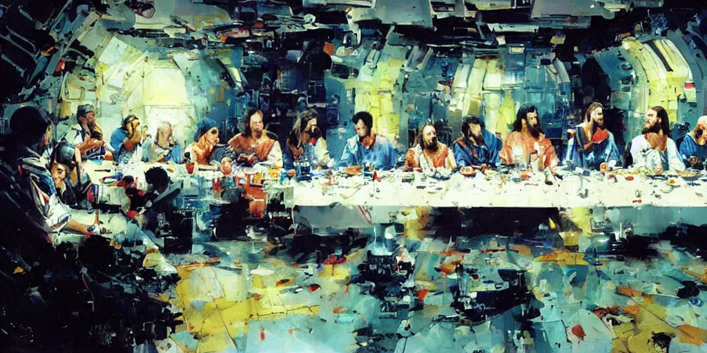 Image similar to the last supper in spaceship by john berkey