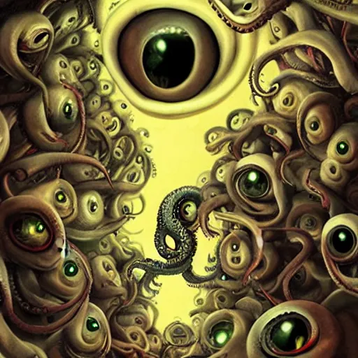 Prompt: unimaginable faceless horror, many eyes, many tentacles, by Hidetaka Miyazaki