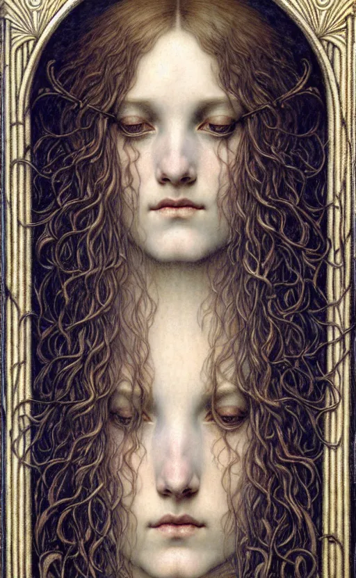 Image similar to detailed realistic beautiful young medieval queen face portrait by jean delville, gustave dore and marco mazzoni, art nouveau, symbolist, visionary, gothic, pre - raphaelite. horizontal symmetry