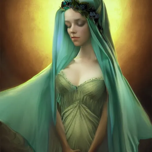 Image similar to detailed portrait of a fairy queen with wings wearing a silk and lace robe and a lace hood over her face, pixie, realism, emerald, galaxy, sapphire,blonde hair going down to the floor, moonlit, dark fantasy, dramatic lighting, cgsociety, artstation