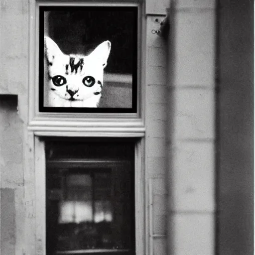 Image similar to wide-shot very low-angle eyesight photo of a mirror door with a reflection of a cat at the street in New York, polaroid photo, by Andy Warhol, signed