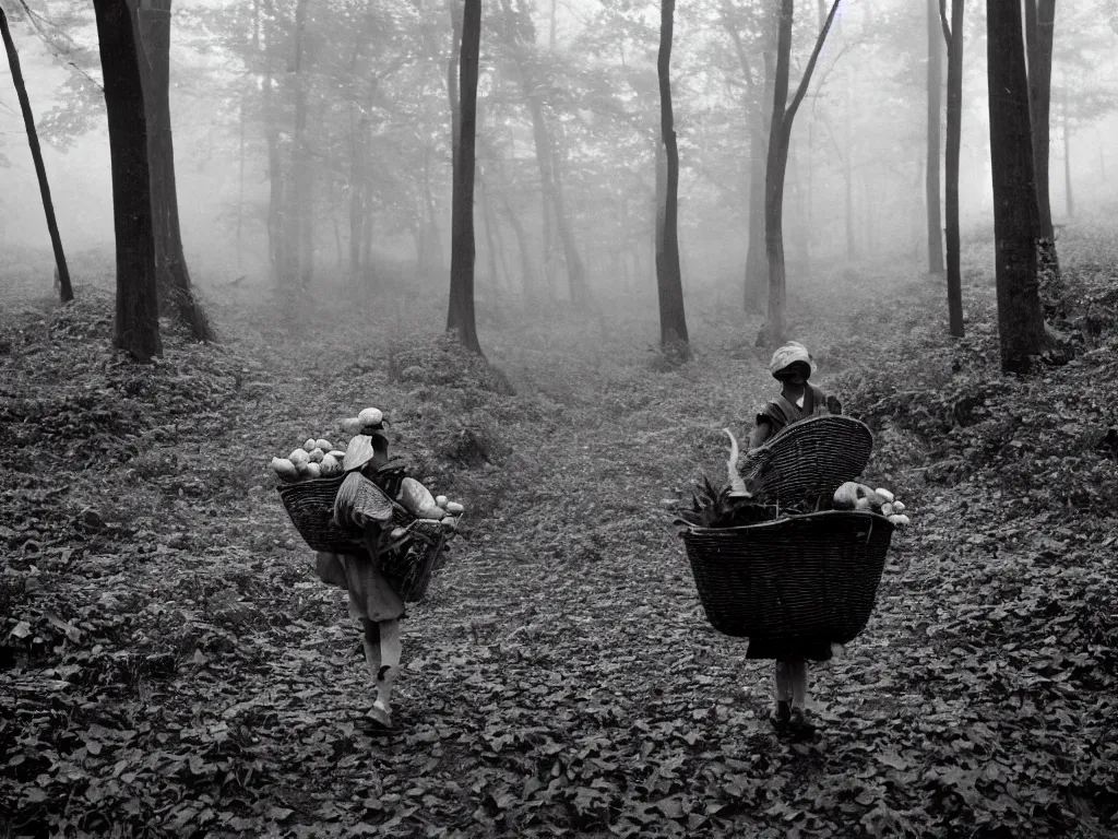 Image similar to Black and white 35mm film photograph of an impoverished young mushroom forager carrying a basket of mushrooms in a forest blanketed with fog. Deep shadows and highlights and sunflair. Wide shot. bokehlicious. historical archive photo. Pennsylvania, 1924.