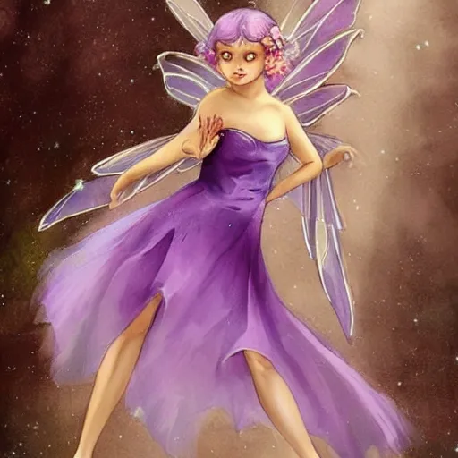 Image similar to very very very beautiful tiny fairy woman in her 20s with fairy wings wearing skintight purple dress, making eye contact, smiling, flirty, perfect body, perfect face, drawn by charles bowater