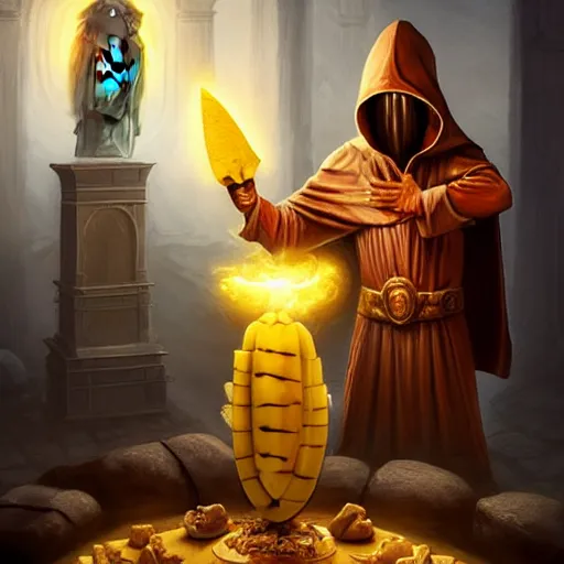 Image similar to a hooded cultist is stabbing a banana placed on an altar, in front of a stone statue of a forgotten god, by patrick mcenvoy and michael komarck and fantasy flight, incredible quality, trending on artstation