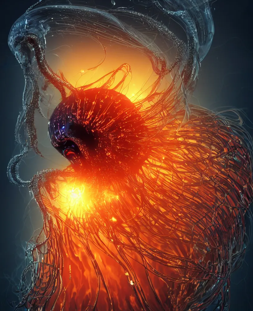 Prompt: close-up macro portrait of the face of a dark queen princess, epic angle, epic pose, symmetrical artwork, 3d with depth of field, blurred background. cybernetic jellyfish phoenix bird, translucent, nautilus. energy flows of water and fire. a highly detailed epic cinematic concept art CG render. made in Maya, Blender and Photoshop, octane render, excellent composition, cinematic dystopian brutalist atmosphere, dynamic dramatic cinematic lighting, aesthetic, very inspirational, arthouse. y Greg Rutkowski, Ilya Kuvshinov, WLOP, Stanley Artgerm Lau, Ruan Jia and Fenghua Zhong