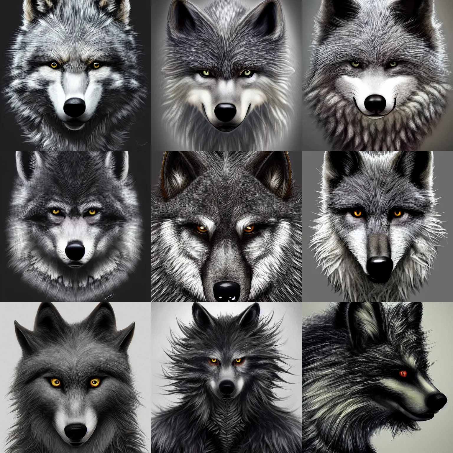Image similar to a photograpic portrait of a anthropomorphic grey furry wolf wearing casual black clothes, black spikey hair, grey skin, floppy ears, furry character, fursona, fantasy, intricate, elegant, highly detailed, digital painting, artstation, smooth, sharp focus, illustration, art by artgerm and H R Giger and alphonse mucha