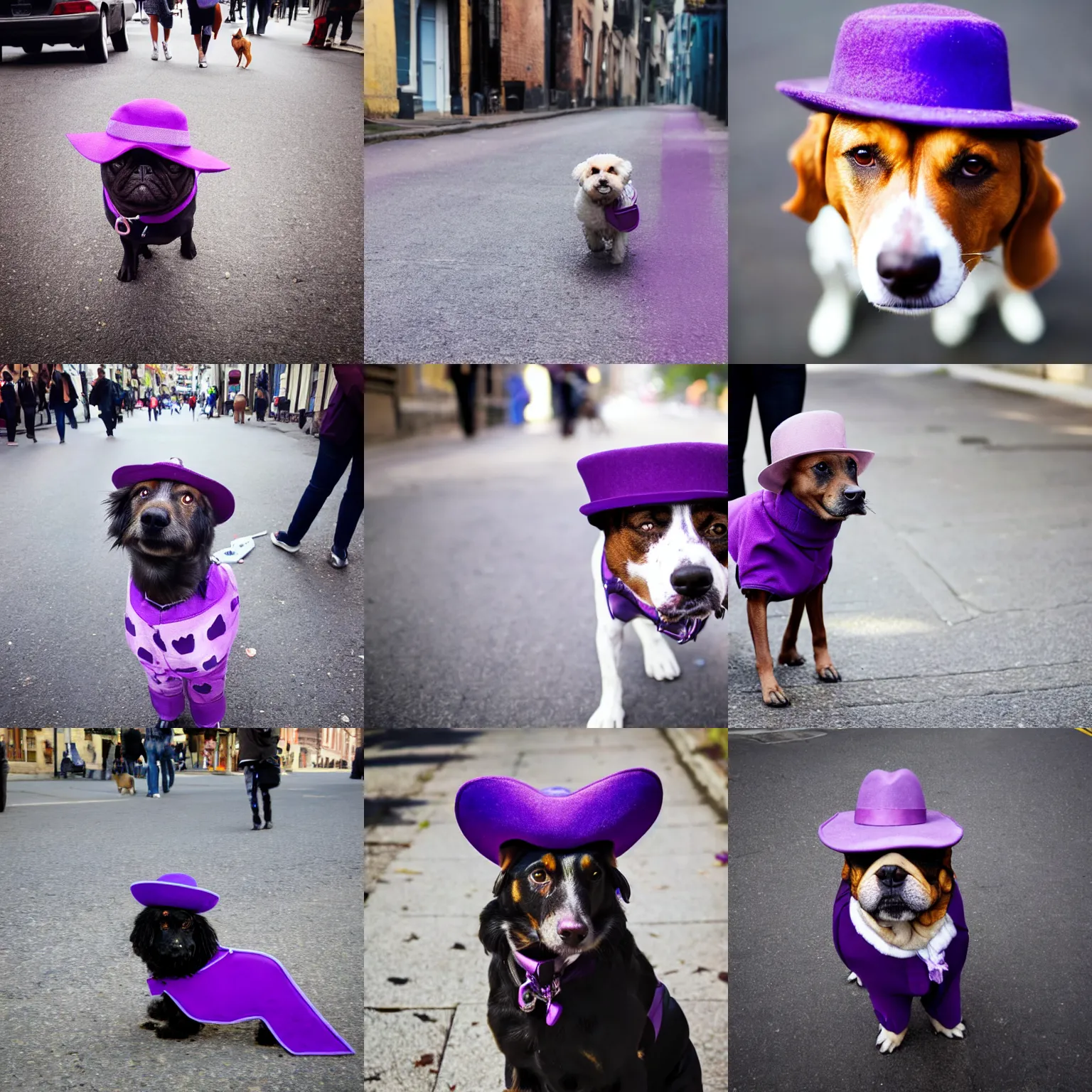 Prompt: a dog in a purple fedora in a street