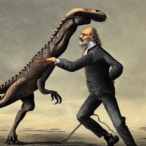 Prompt: illustration of Darwin riding a dinosaur