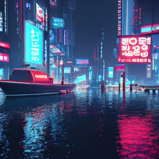 Prompt: cyberpunk flooded rainy south korea, seoul, boat, reflections, cinematic lighting, photorealistic, trending on artstation, storefronts made of neon lights, hyper realistic rendering photography, unreal 5 engine render, ultra wide angle, long shot, 8 k