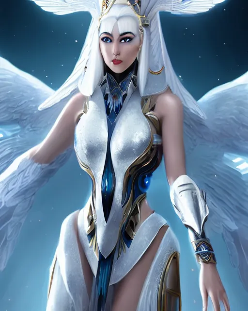 Image similar to perfect white haired egyptian goddess wearing white dove wings, warframe armor, regal, attractive, ornate, sultry, beautiful, dreamy, half asian, pretty face, blue eyes, detailed, scifi platform, 4 k, ultra realistic, epic lighting, android body, illuminated, cinematic, masterpiece, art by akihito tsukushi, voidstar, artgerm