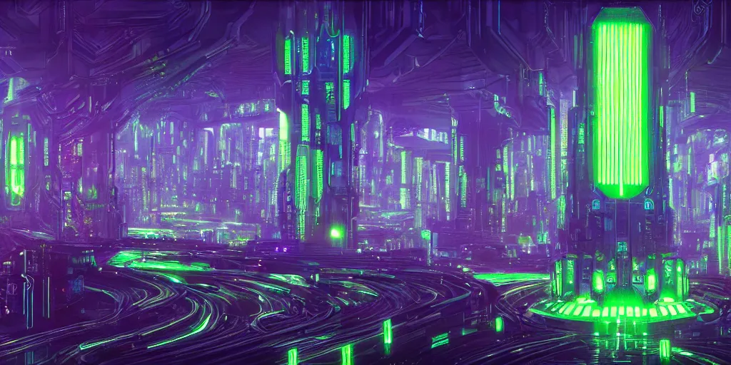 Image similar to a landscape view of a cybernetic cathedral overlooking an higway made of rows of glowing green codes and symbols, cyberpunk, beautiful detailed, cinematic, strong lighting, hi - fructose art magazine, photorealistic, 8 k, gradient cyan to purple, by paul lehr and david heskin