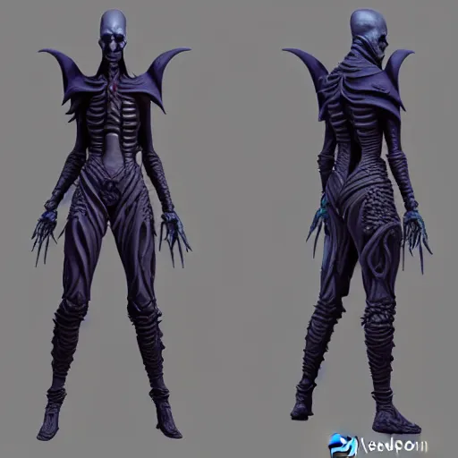 Image similar to photo of a cenobite lich illithid drow dark elf sorceror necromancer leather rendered in zbrush