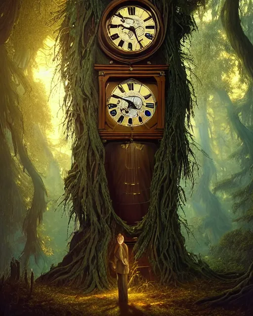 Image similar to highly detailed surreal vfx portrait of a cursed grandfather clock in a shadowy forest by a willow tree, stephen bliss, unreal engine, greg rutkowski, loish, rhads, beeple, makoto shinkai and lois van baarle, ilya kuvshinov, rossdraws, tom bagshaw, alphonse mucha, global illumination, detailed and intricate environment