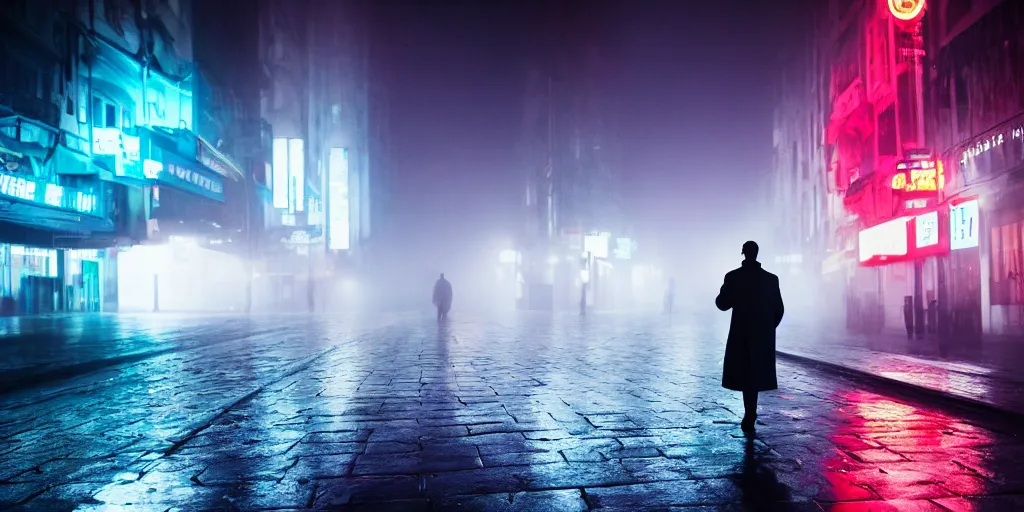 Prompt: a cinematic shot of a man in a trench coat walking down a foggy city street at night, wet streets, in the style of blade runner, colorful, neon