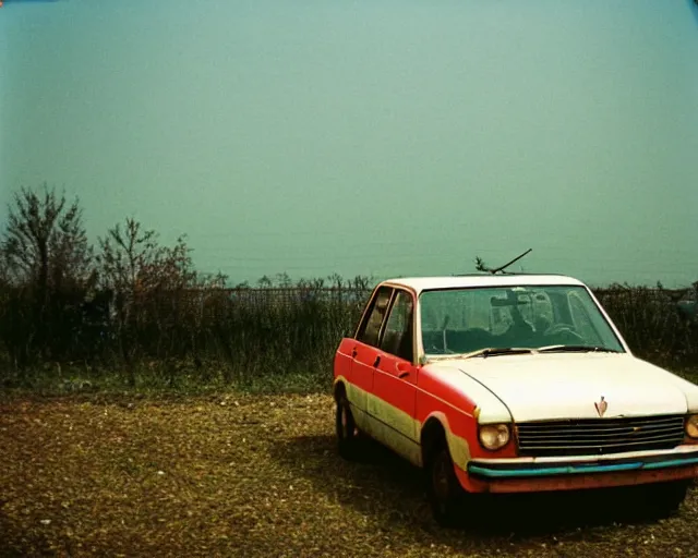 Image similar to a lomographic photo of old lada 2 1 0 7 standing in typical soviet yard in small town, hrushevka on background, cinestill, bokeh