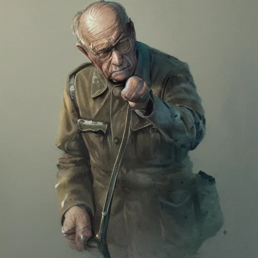 Image similar to old man portrait, ww 2 hand grenade in his left, he pulling pin, greg rutkowski art