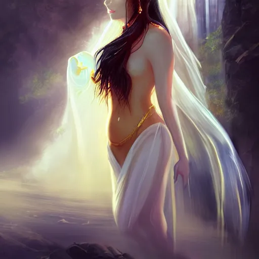 Image similar to beautiful Arab woman, white transparent veil black hair, bathing in a waterfall, ethereal, emotive, fine art, water mist, mystical, Romanticism, golden light digital painting, artstation, concept art