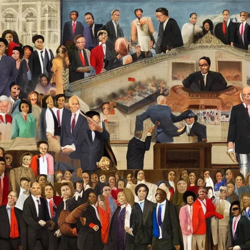 Prompt: an art piece in the form of a collage depicting members of parliament doing community service in the style of richard hamilton