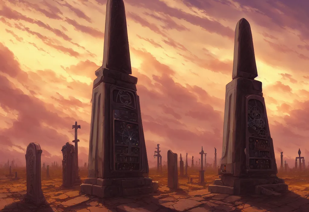 Prompt: a steampunk obelisk in a gloomy desert at dawn with gravestones in the foreground, intricate oil painting, high detail illustration, sharp high detail, manga and anime 1 9 9 9, official fanart behance hd artstation by jesper ejsing and makoto shinkai, 4 k,