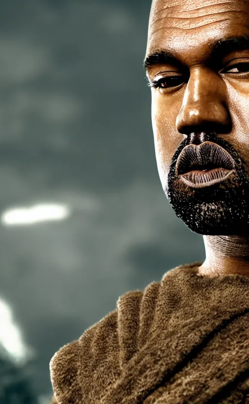 Image similar to Portrait of Kanye West as Emperor Napoleon in Skyrim, splash art, movie still, cinematic lighting, dramatic, octane render, long lens, shallow depth of field, bokeh, anamorphic lens flare, 8k, hyper detailed, 35mm film grain