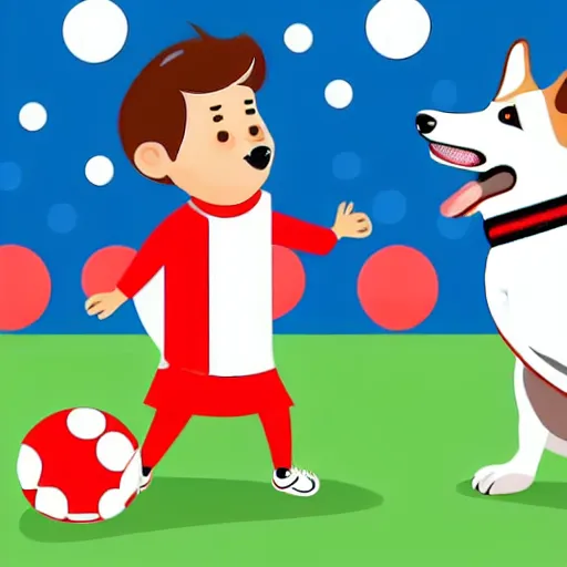 Image similar to illustration of french boy in paris playing football against a corgi who is wearing a polka dot scarf