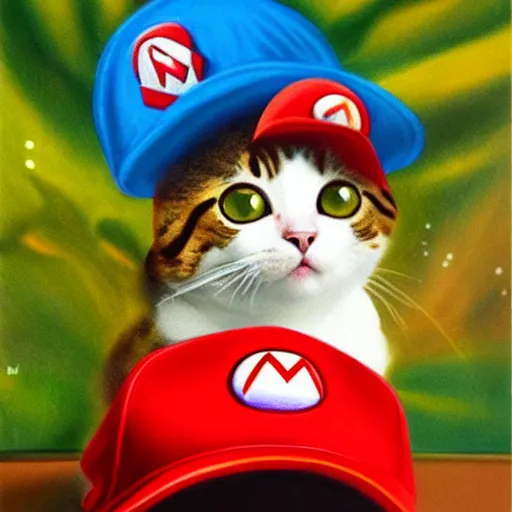 Image similar to A beautiful oil painting of a Cat wearing a Super Mario Hat, nintendo, box art, intricate, volumetric lighting, summer, hyperrealistic, colorful, hyperdetailed.