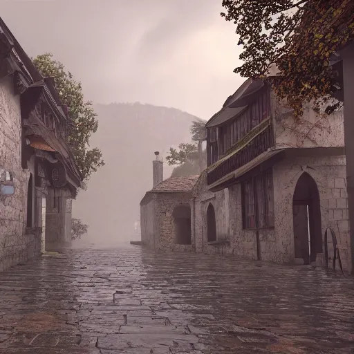 Prompt: the center of a poor medieval town under heavy rain at late dawn, in a valley, surrounded by mountains, highly detailed, octane render, ultra detailed cinematic, 8 k, widescreen, hd