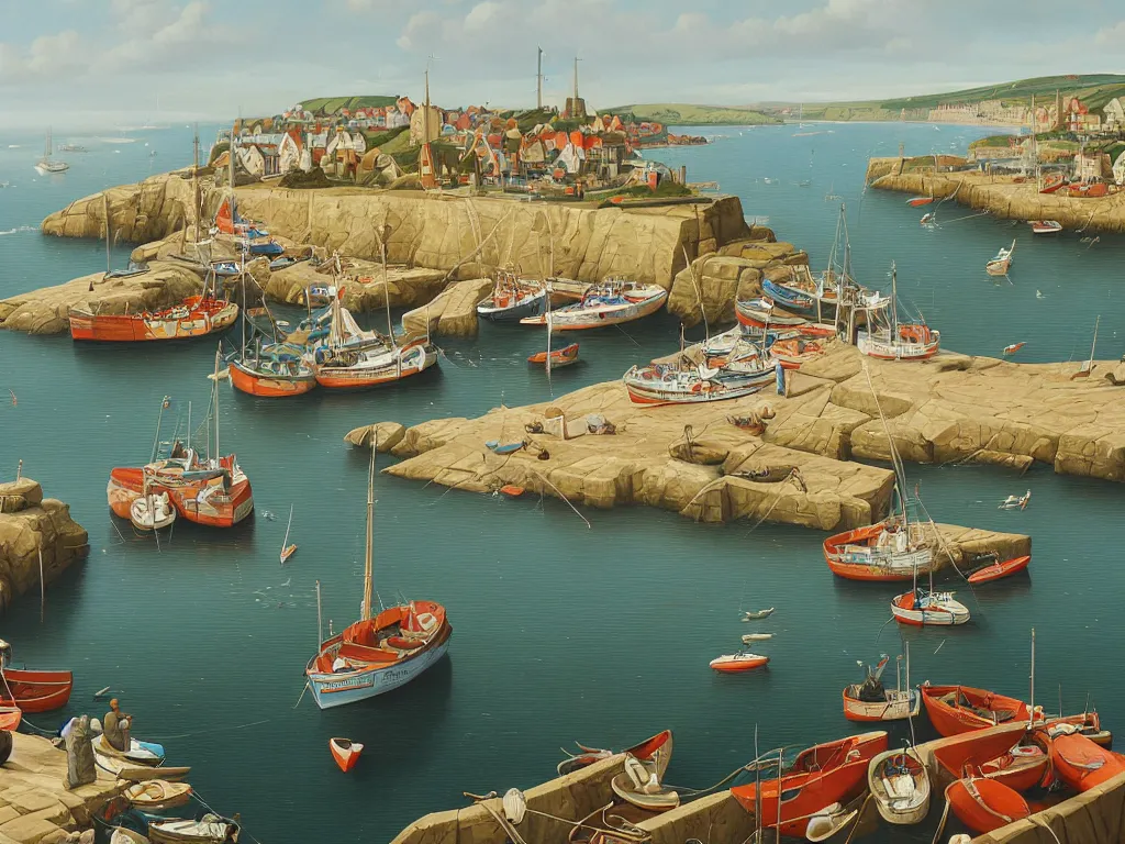 Image similar to a detailed gouache painting illustration of a typical English coastal fishing harbor, by Michiel Schrijver, ultra-hd, sharp focus, isometric