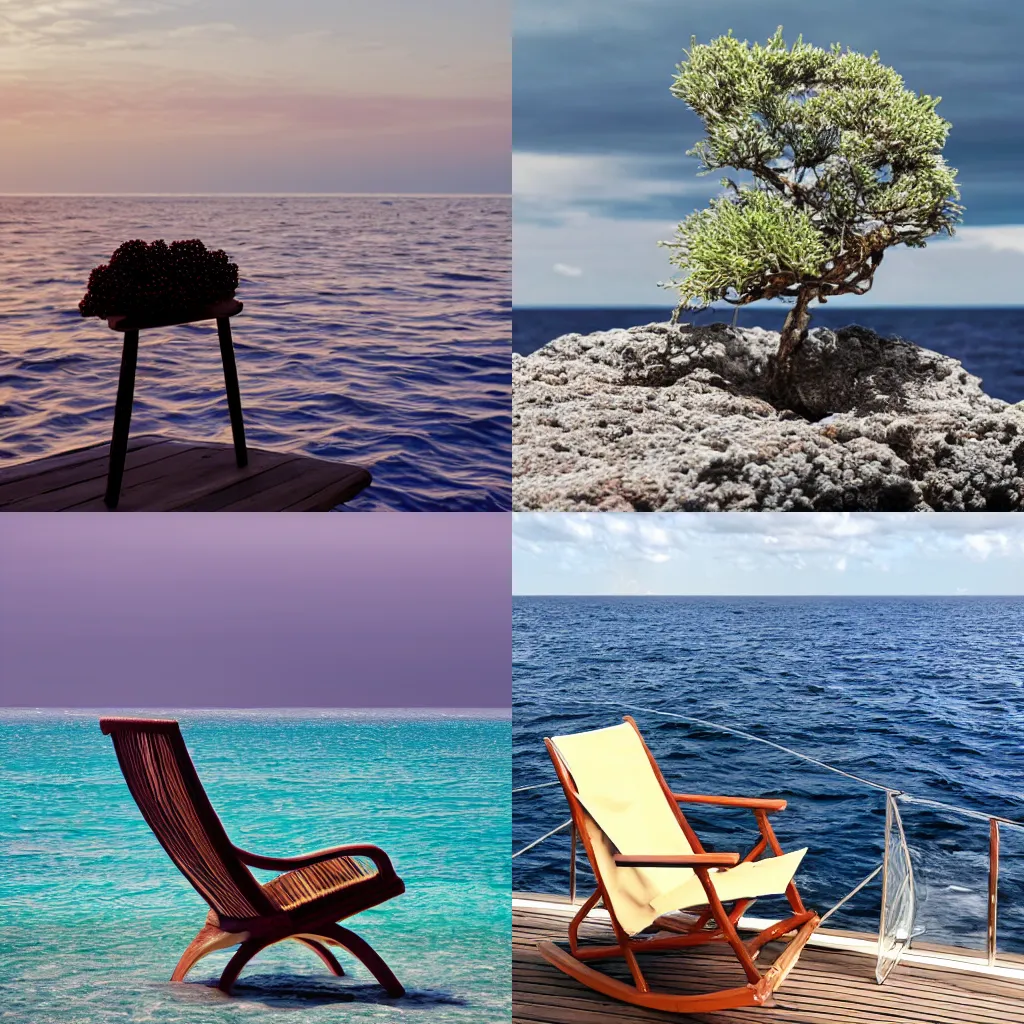 Prompt: A juniper berry sitting on a chair in the middle of the ocean