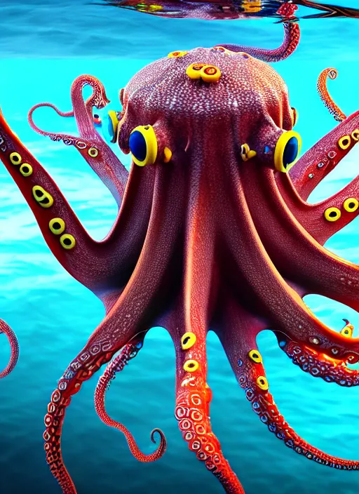 Image similar to detailed image of trident octopus's hunting, kid snorkeling, very coherent symmetrical artwork, cinematic, hyper realism, high detail, octane render, unreal engine, 8k, full body character drawing, clean ink detailed line drawing, intricate detail, extremely detailed.