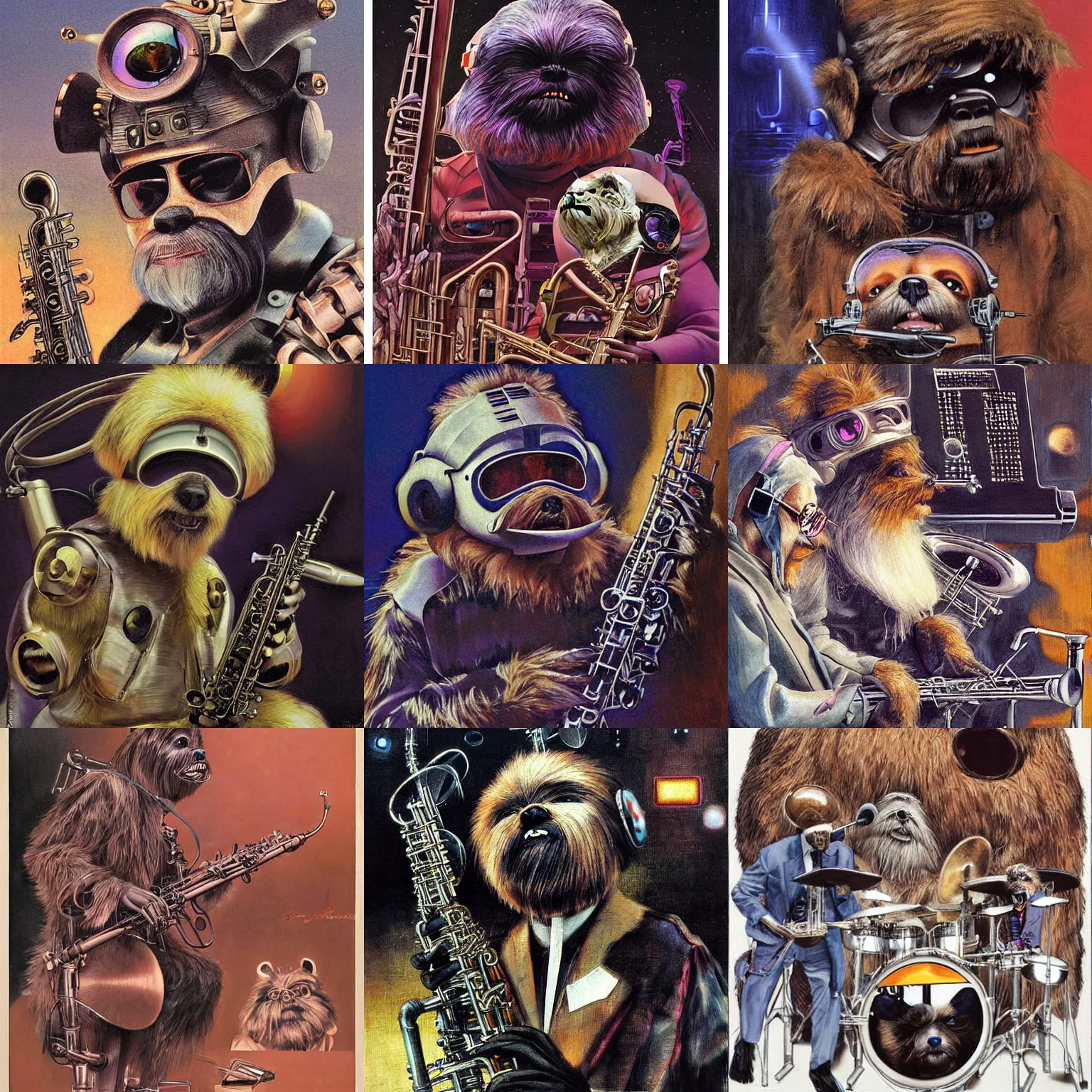 Prompt: a detailed digital art of a jazz band consisting of a cyborg, a dog, a ewok, by george lucas, by wayne barlowe, by sir james guthrie, clockpunk