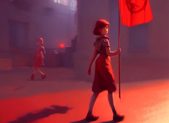 Image similar to glowing girl carrying a red propaganda flag walking through poor district, DSLR 85mm, by Craig Mullins, ilya kuvshinov, krenz cushart, artgerm, Unreal Engine 5, Lumen, Nanite